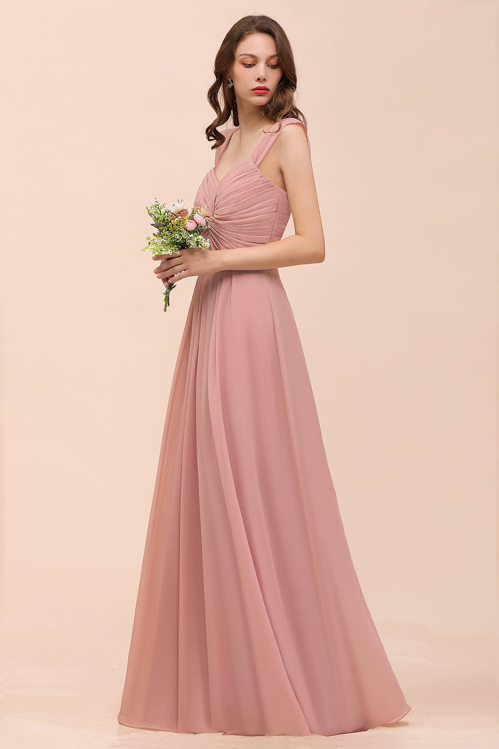 Vintage Mauve Chiffon Straps Ruffle Affordable Bridesmaid Dress-Babyonlines