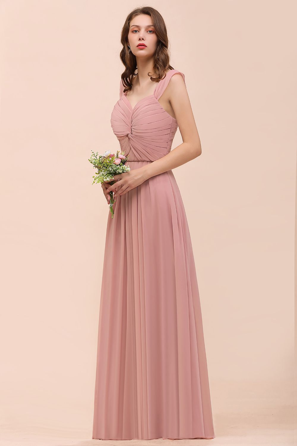 Vintage Mauve Chiffon Straps Ruffle Affordable Bridesmaid Dress-Babyonlines