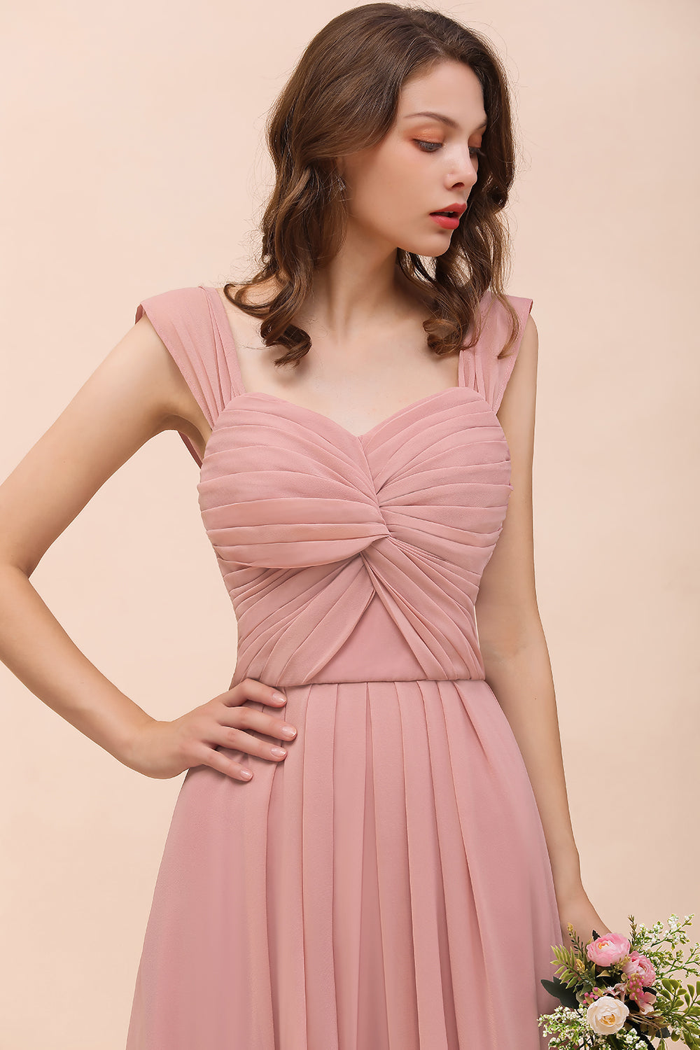 Vintage Mauve Chiffon Straps Ruffle Affordable Bridesmaid Dress-Babyonlines