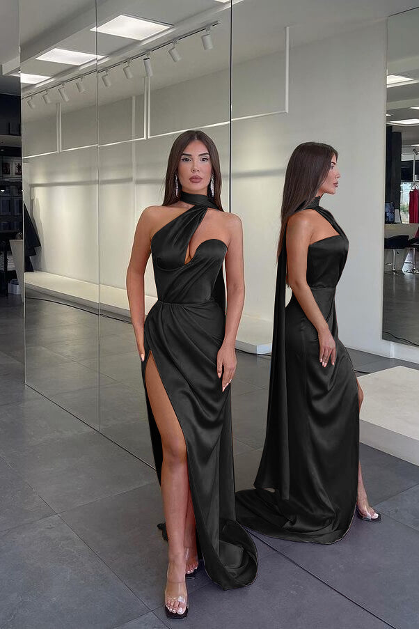 Vintage Orange Halter Satin Long Mermaid Prom Dress with Split