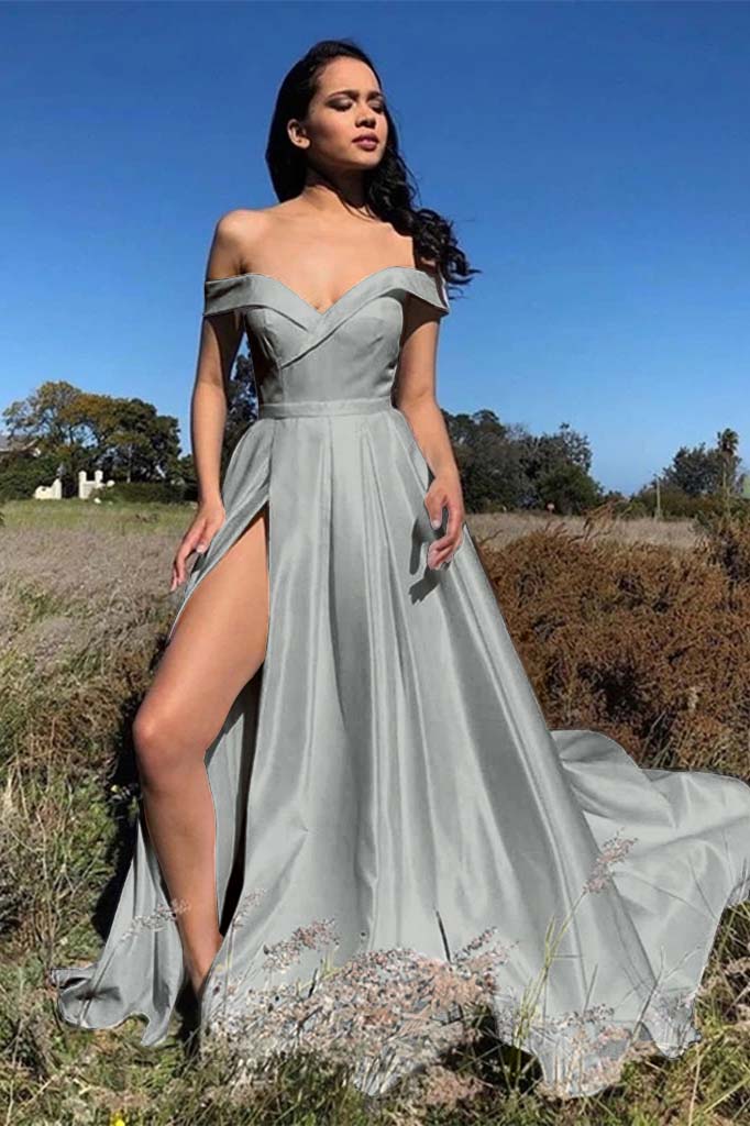 White Chic Off the Shoulder Strapless Prom Dress with Front Split