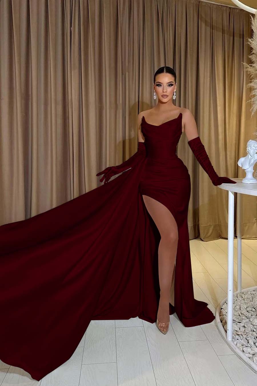 White Chiffon Strapless Mermaid Long Prom Dress with Split and Gloves