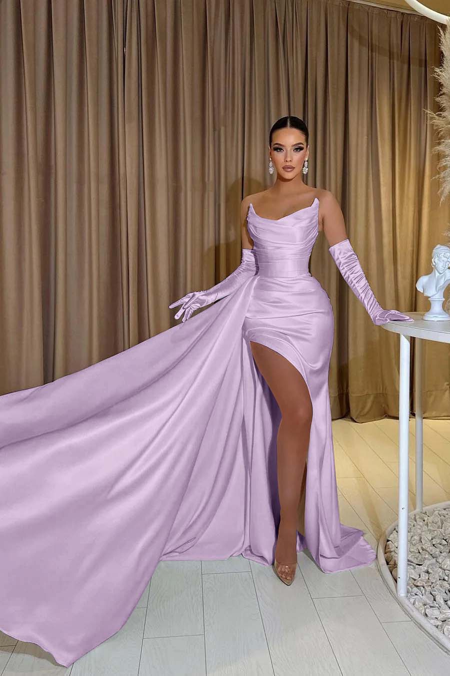White Chiffon Strapless Mermaid Long Prom Dress with Split and Gloves