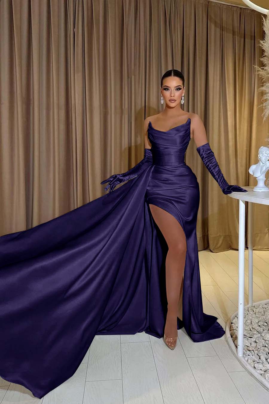 White Chiffon Strapless Mermaid Long Prom Dress with Split and Gloves