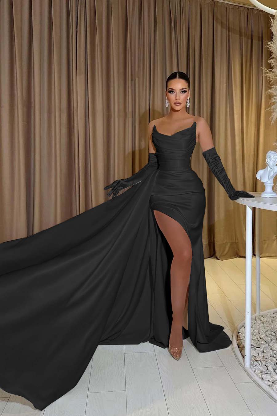 White Chiffon Strapless Mermaid Long Prom Dress with Split and Gloves