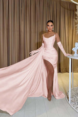 White Chiffon Strapless Mermaid Long Prom Dress with Split and Gloves