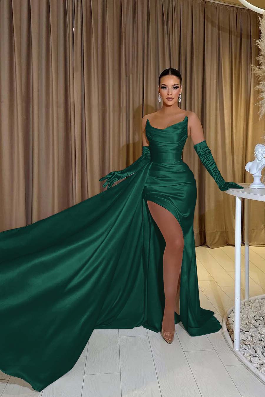 White Chiffon Strapless Mermaid Long Prom Dress with Split and Gloves