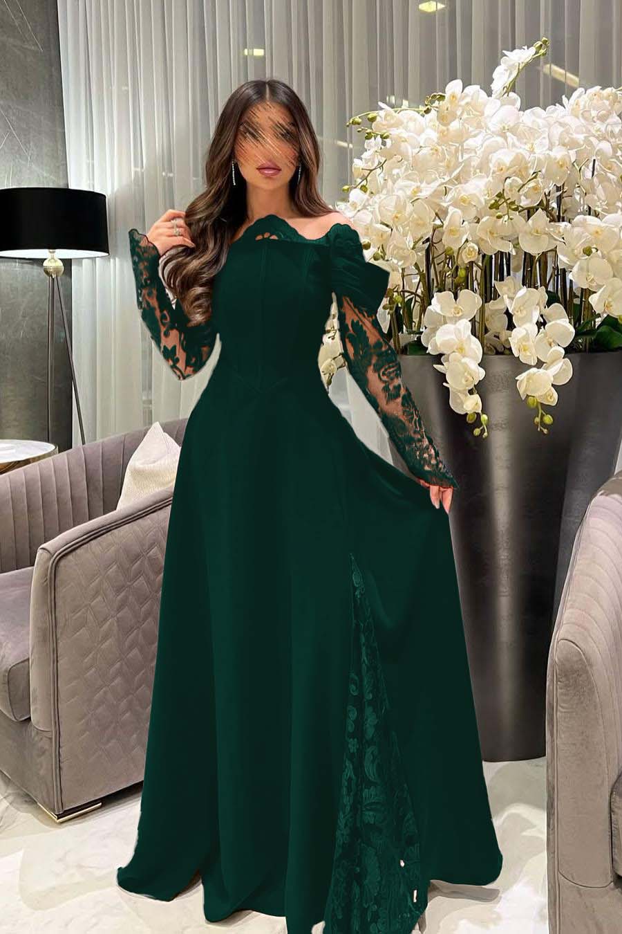 White Off the Shoulder Long Sleeve Prom Dress with Appliques