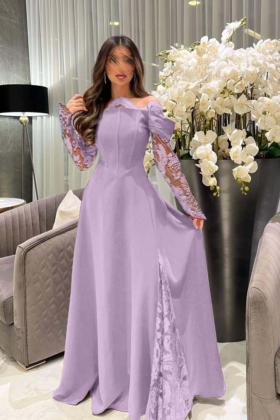 White Off the Shoulder Long Sleeve Prom Dress with Appliques