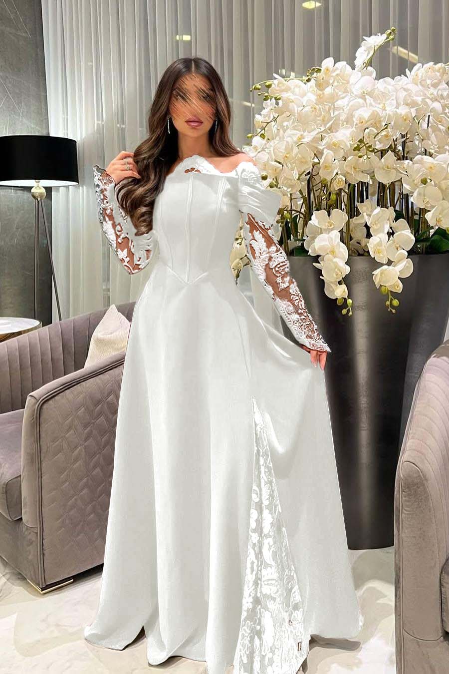 White Off the Shoulder Long Sleeve Prom Dress with Appliques
