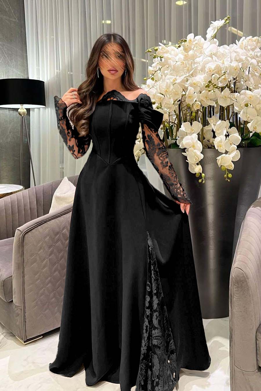 White Off the Shoulder Long Sleeve Prom Dress with Appliques