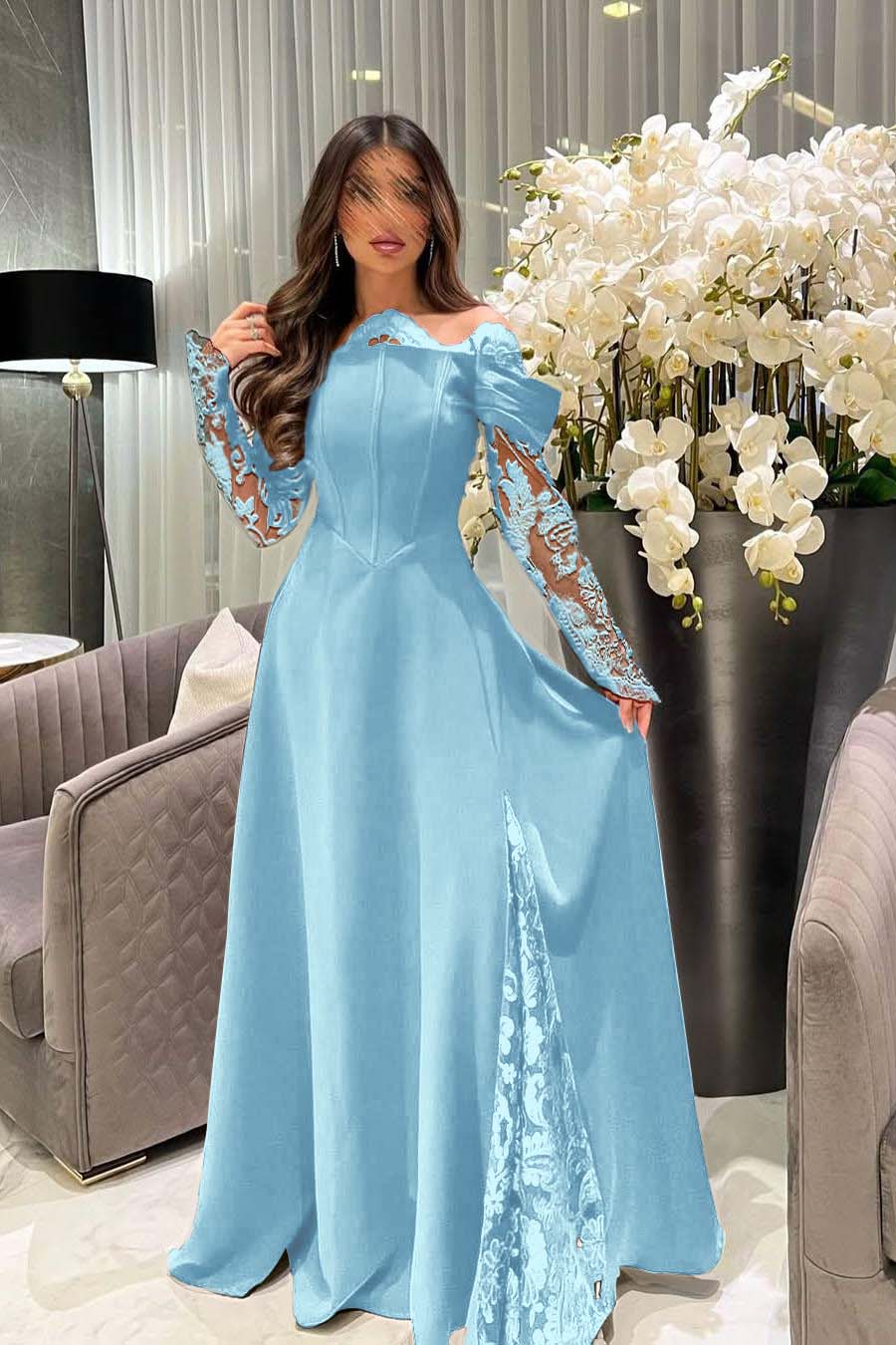 White Off the Shoulder Long Sleeve Prom Dress with Appliques