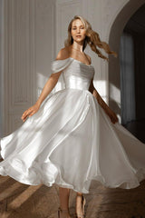 White Off the Shoulder Long Prom Dress with Pleated Details