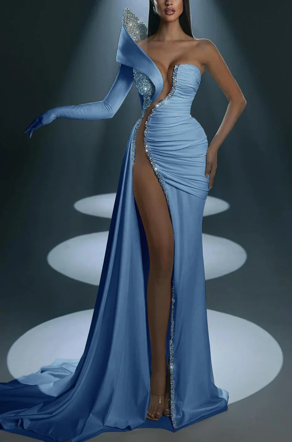 One Shoulder Mermaid Long Prom Dress with Split Gloves
