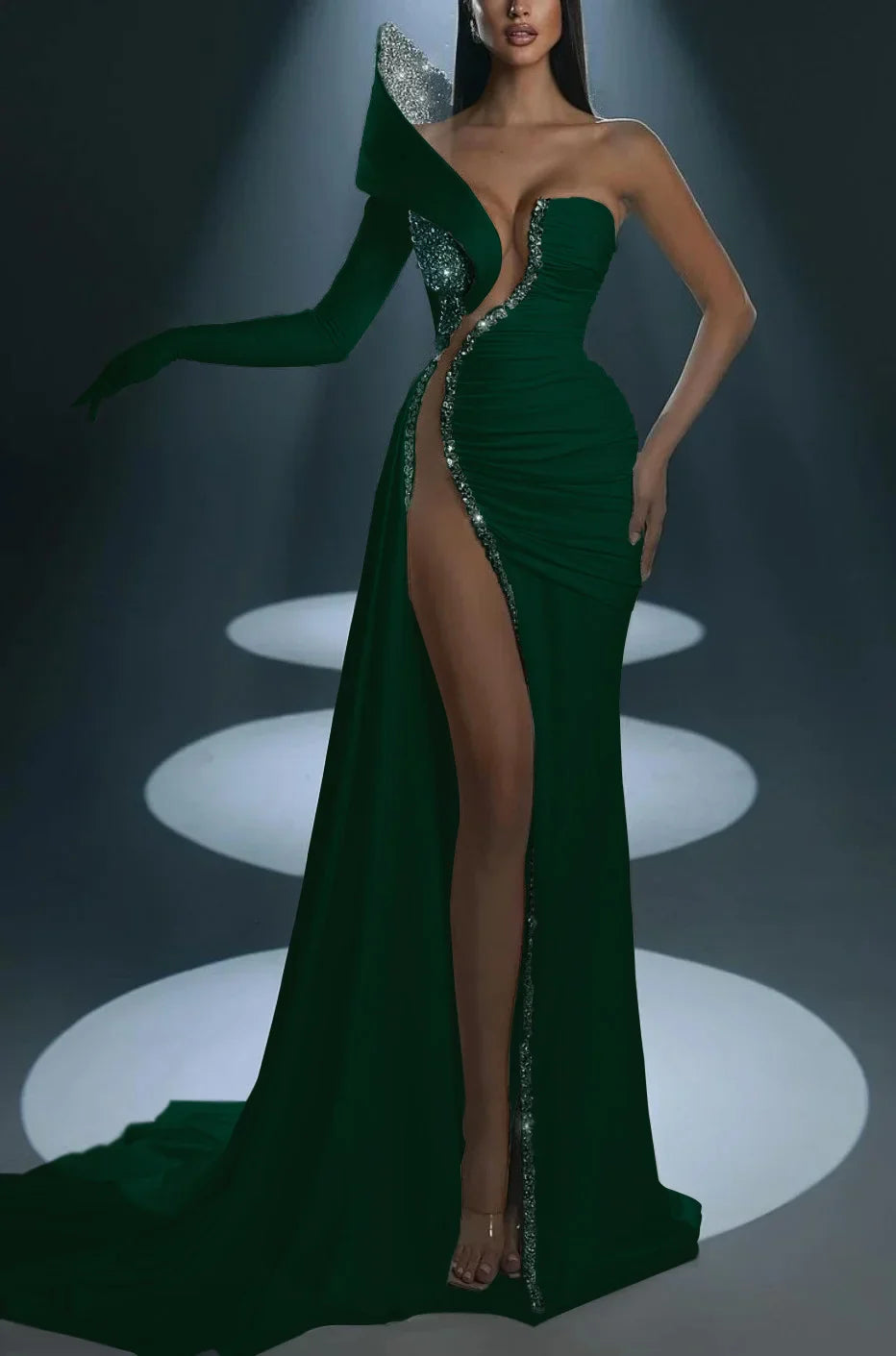 One Shoulder Mermaid Long Prom Dress with Split Gloves