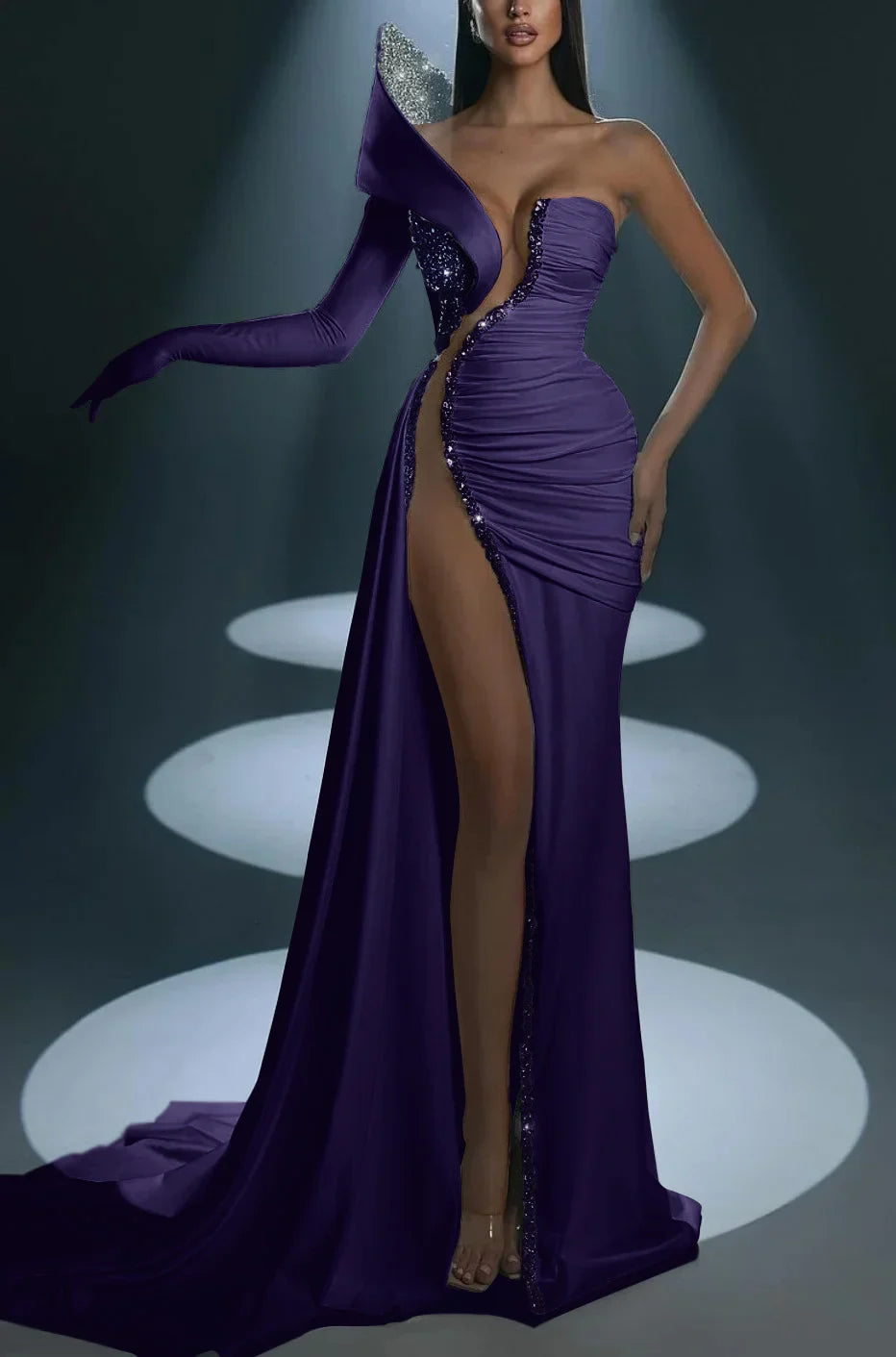 One Shoulder Mermaid Long Prom Dress with Split Gloves