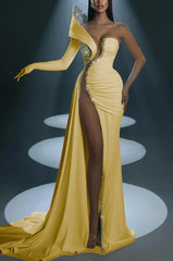 One Shoulder Mermaid Long Prom Dress with Split Gloves