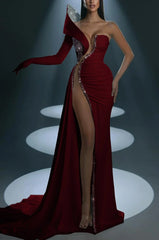 One Shoulder Mermaid Long Prom Dress with Split Gloves