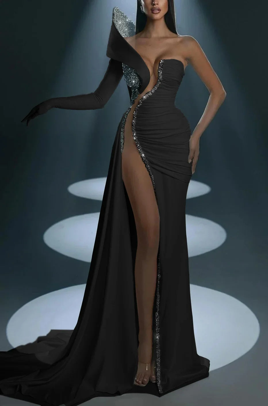 One Shoulder Mermaid Long Prom Dress with Split Gloves