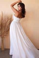 White Strapless Sweetheart A-Line Long Prom Dress with Split and Gloves