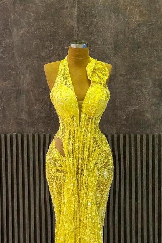 Halter Mermaid Long Prom Dress with Ruffles Lace
