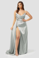 Yellow Strapless Long Prom Dress with High Split and Pleated