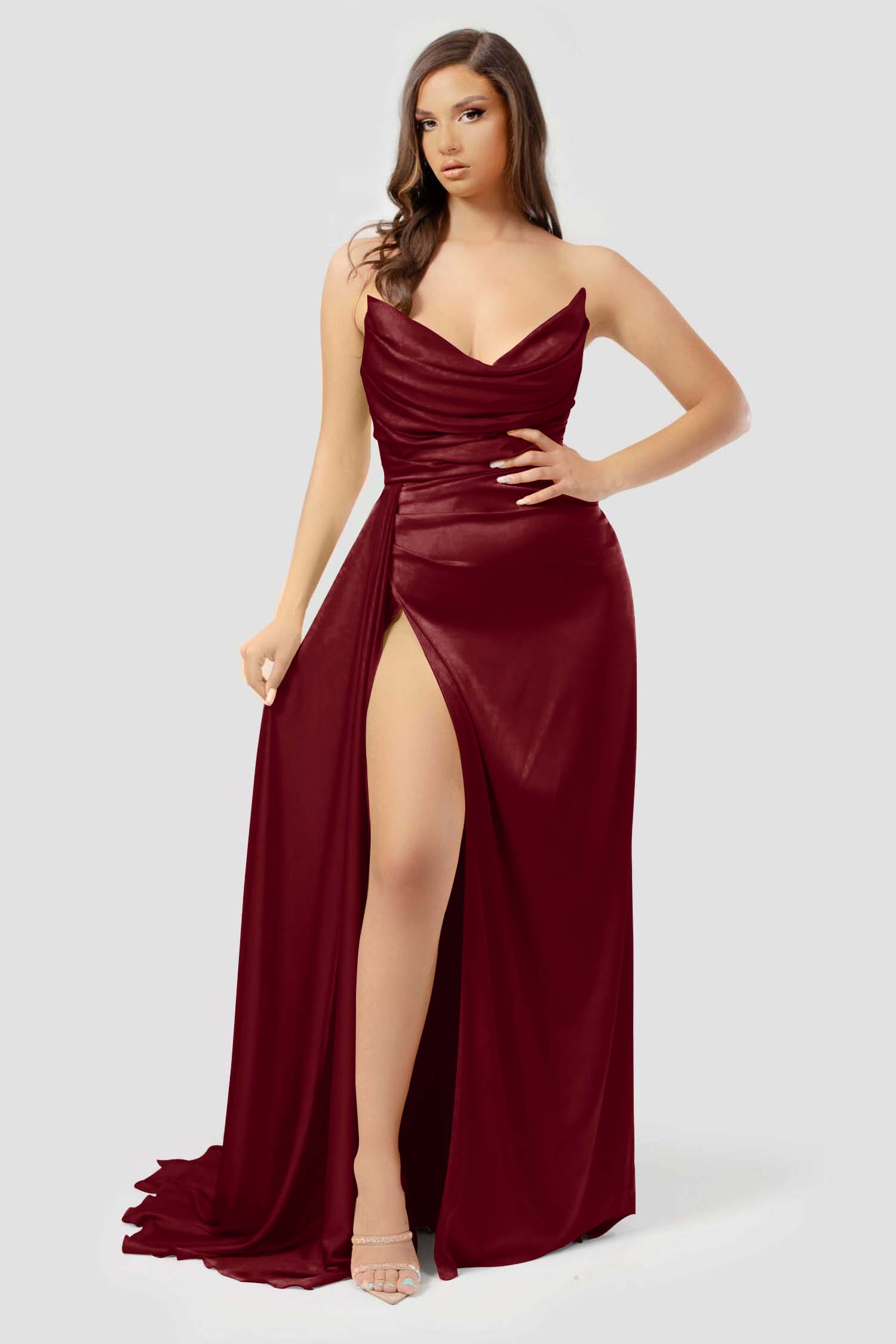 Yellow Strapless Long Prom Dress with High Split and Pleated
