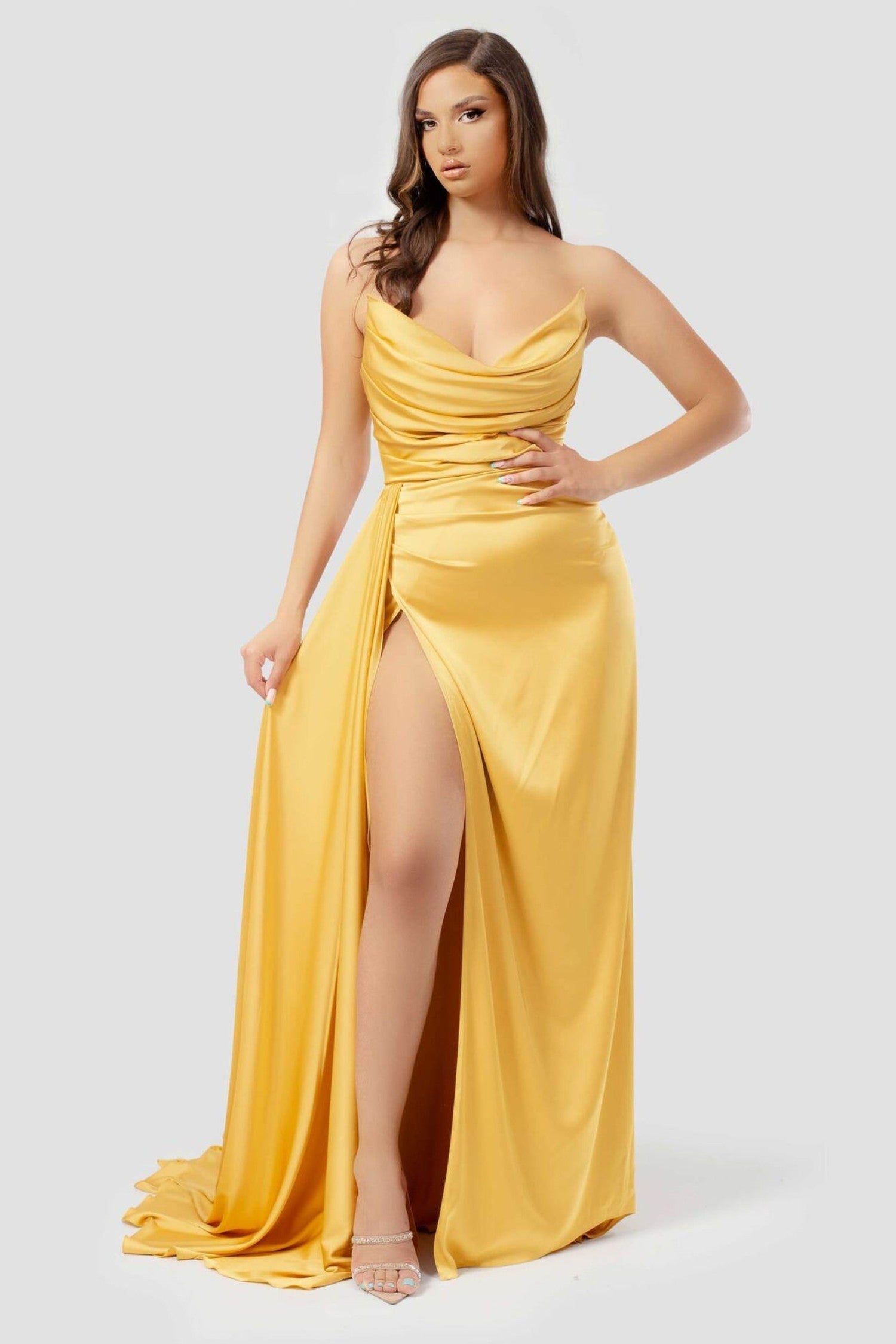 Yellow Strapless Long Prom Dress with High Split and Pleated
