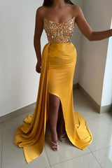 Yellow Mermaid Long Prom Dress with Sequins and Pleated