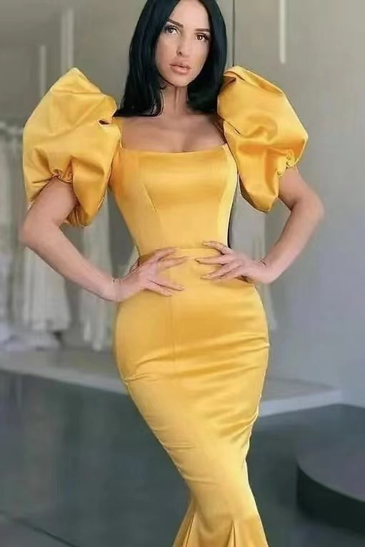 Yellow Square Neck Mermaid Long Prom Dress with Bubble Sleeves and Pleated