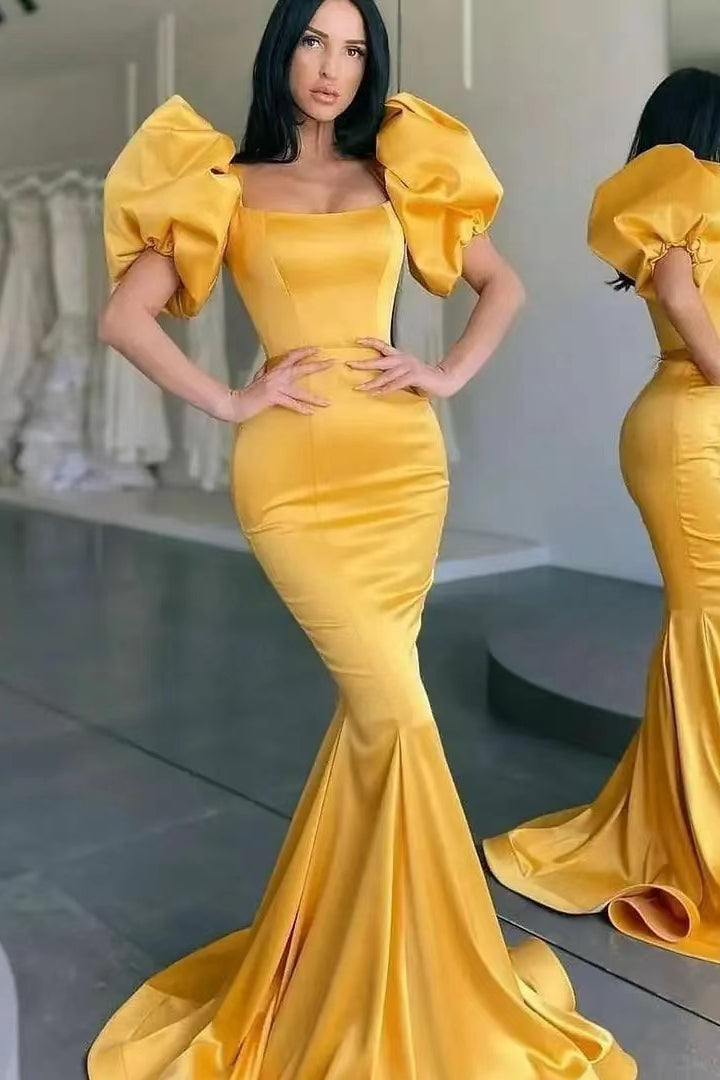 Yellow Square Neck Mermaid Long Prom Dress with Bubble Sleeves and Pleated