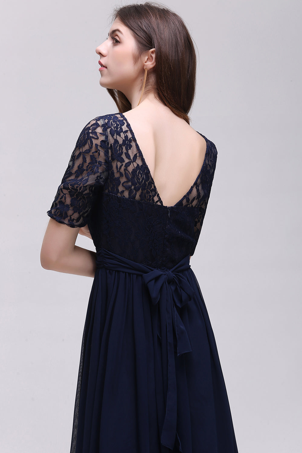 Half-Sleeves Lace Scoop Dark Navy Chiffon Bridesmaid Dress