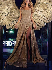 A-line Glitter Split Front Prom Dress with Cowl Neck & Sweep Train