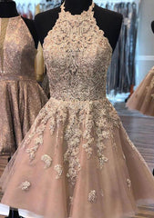 A-line Halter Homecoming Dress with Beading and Lace - Babyonlines