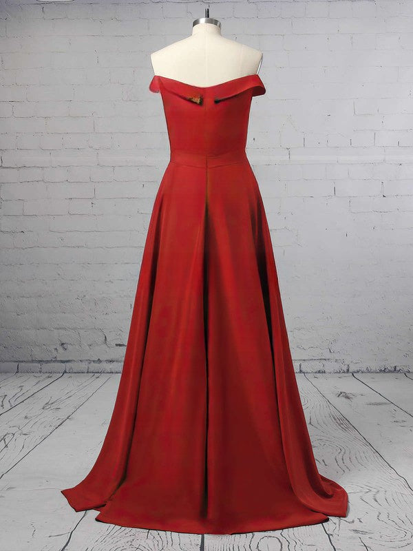A-Line Off-the-Shoulder Satin Gown with Sashes and Sweep Train