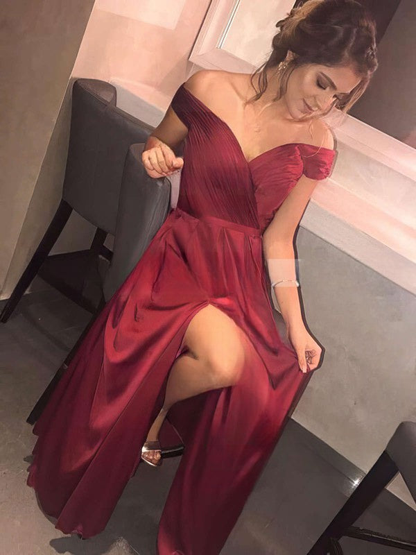 A-line Off-the-shoulder Satin Sweep Train Sashes / Ribbons Prom Dresses