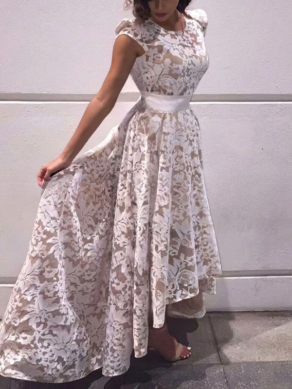 A-line Scoop Neck Lace Prom Dress with Asymmetrical Sashes / Ribbons