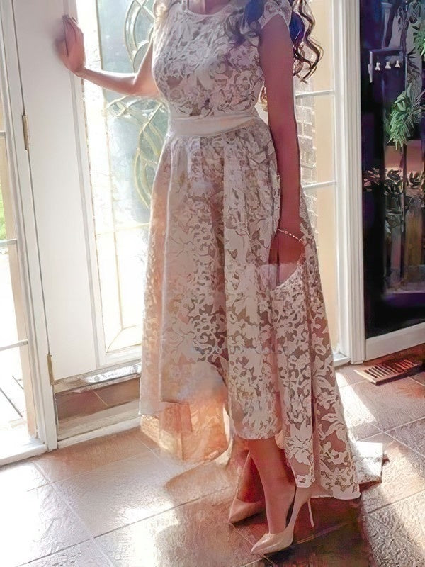 A-line Scoop Neck Lace Prom Dress with Asymmetrical Sashes / Ribbons