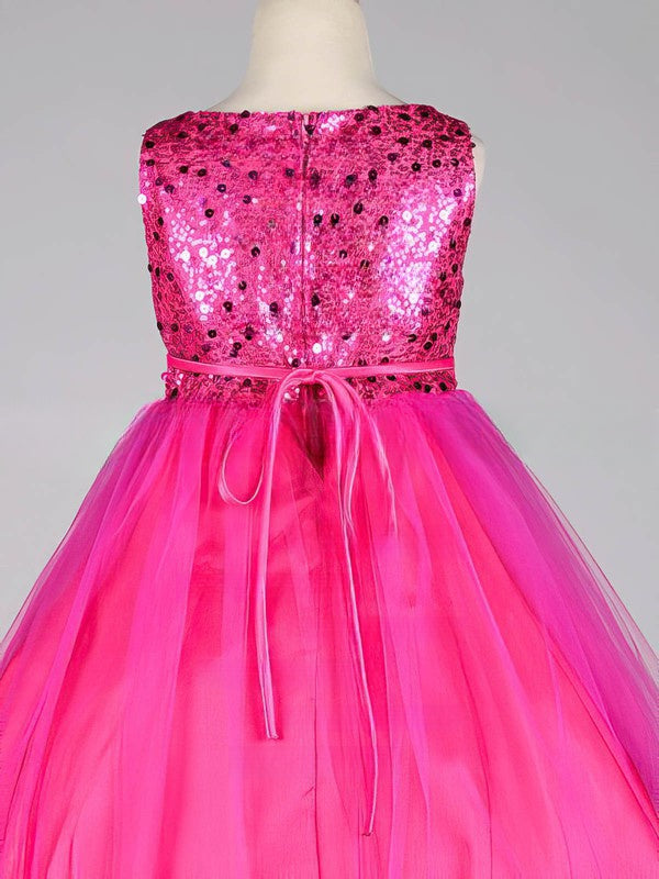 A-line Scoop Neck Tulle Sequined Sashes / Ribbons Tea-length Sweet Flower Girl Dresses