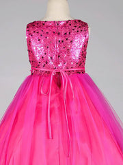 A-line Scoop Neck Tulle Sequined Sashes / Ribbons Tea-length Sweet Flower Girl Dresses