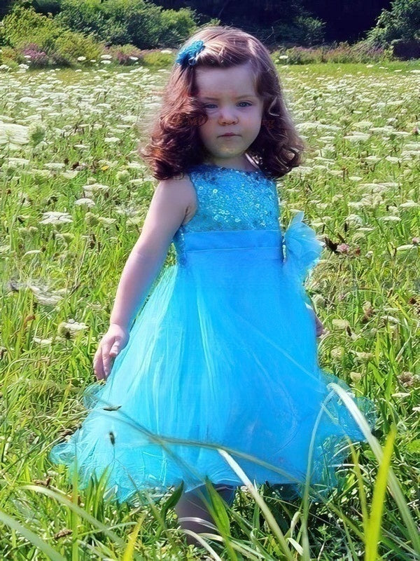 A-line Scoop Neck Tulle Sequined Sashes / Ribbons Tea-length Sweet Flower Girl Dresses