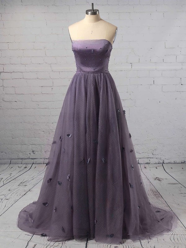 A-Line Strapless Tulle Sweep Train Flower Prom Dress