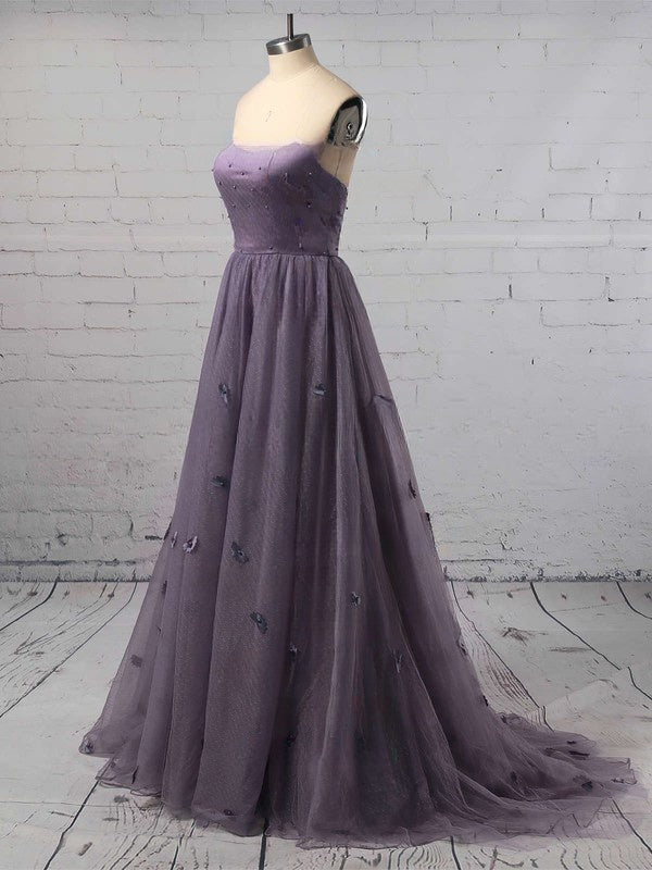 A-Line Strapless Tulle Sweep Train Flower Prom Dress