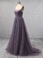 A-Line Strapless Tulle Sweep Train Flower Prom Dress