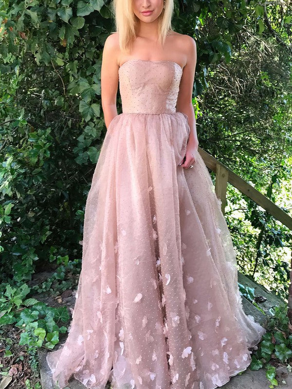 A-Line Strapless Tulle Sweep Train Flower Prom Dress