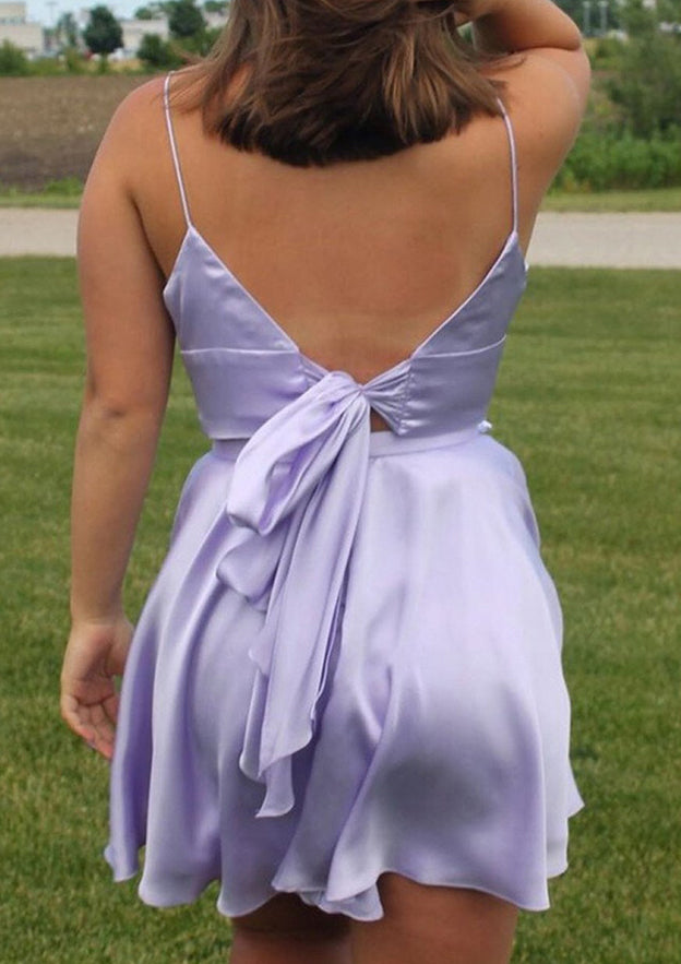 A-Line V-Neck Charmeuse Sleeveless Homecoming Dress with Split Pockets - Babyonlines
