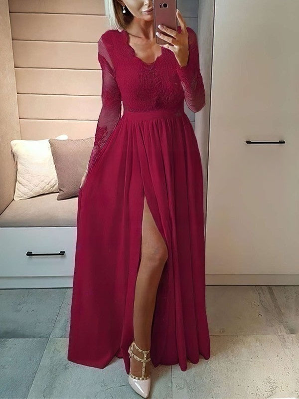 A-line V-neck Chiffon Floor-length Appliques Lace Prom Dresses