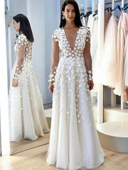 A-line V-neck Tulle Floor-length Wedding Dress With Flower(s)
