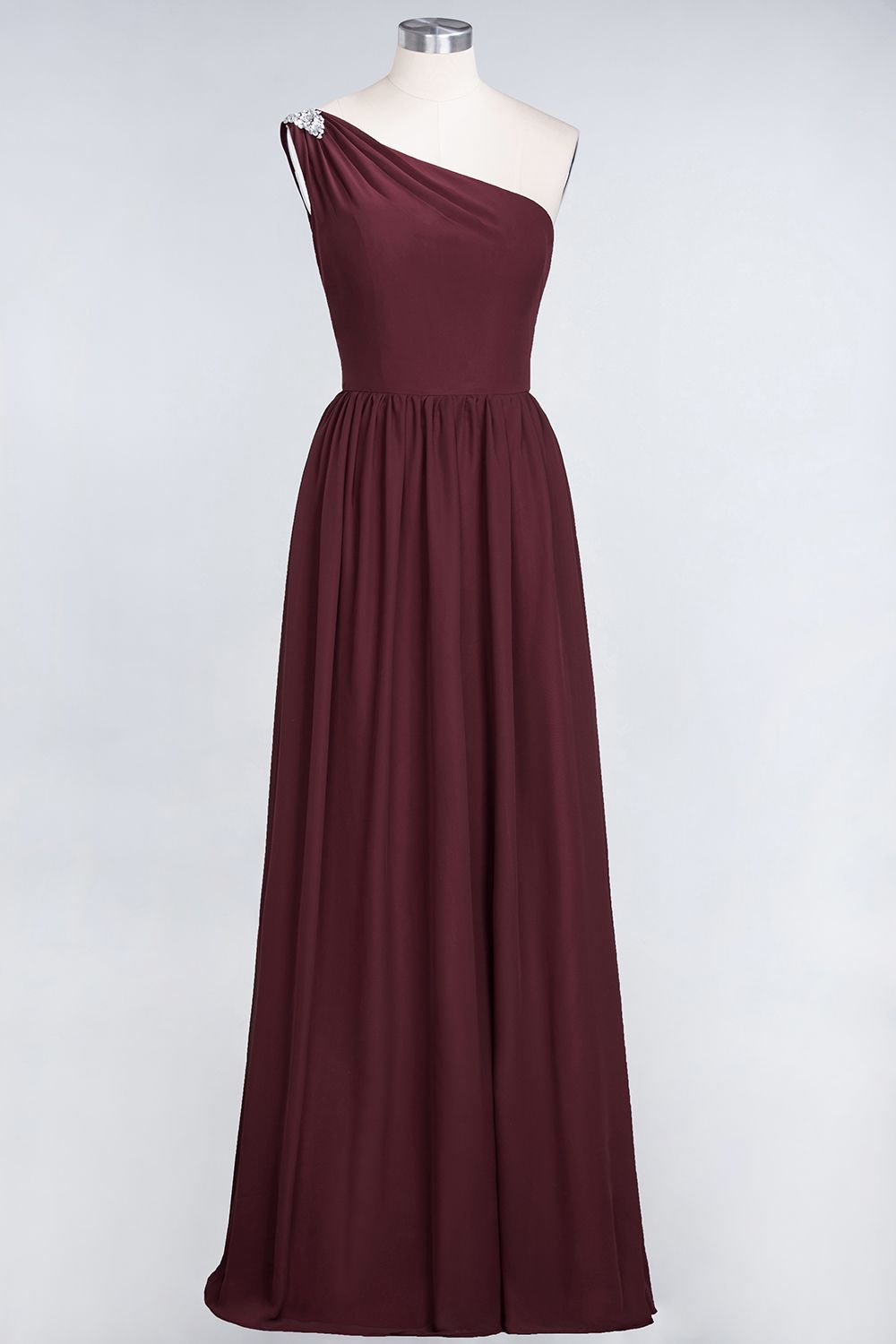 Affordable Chiffon One-Shoulder Ruffle Bridesmaid Dress with Beadings-Babyonlines
