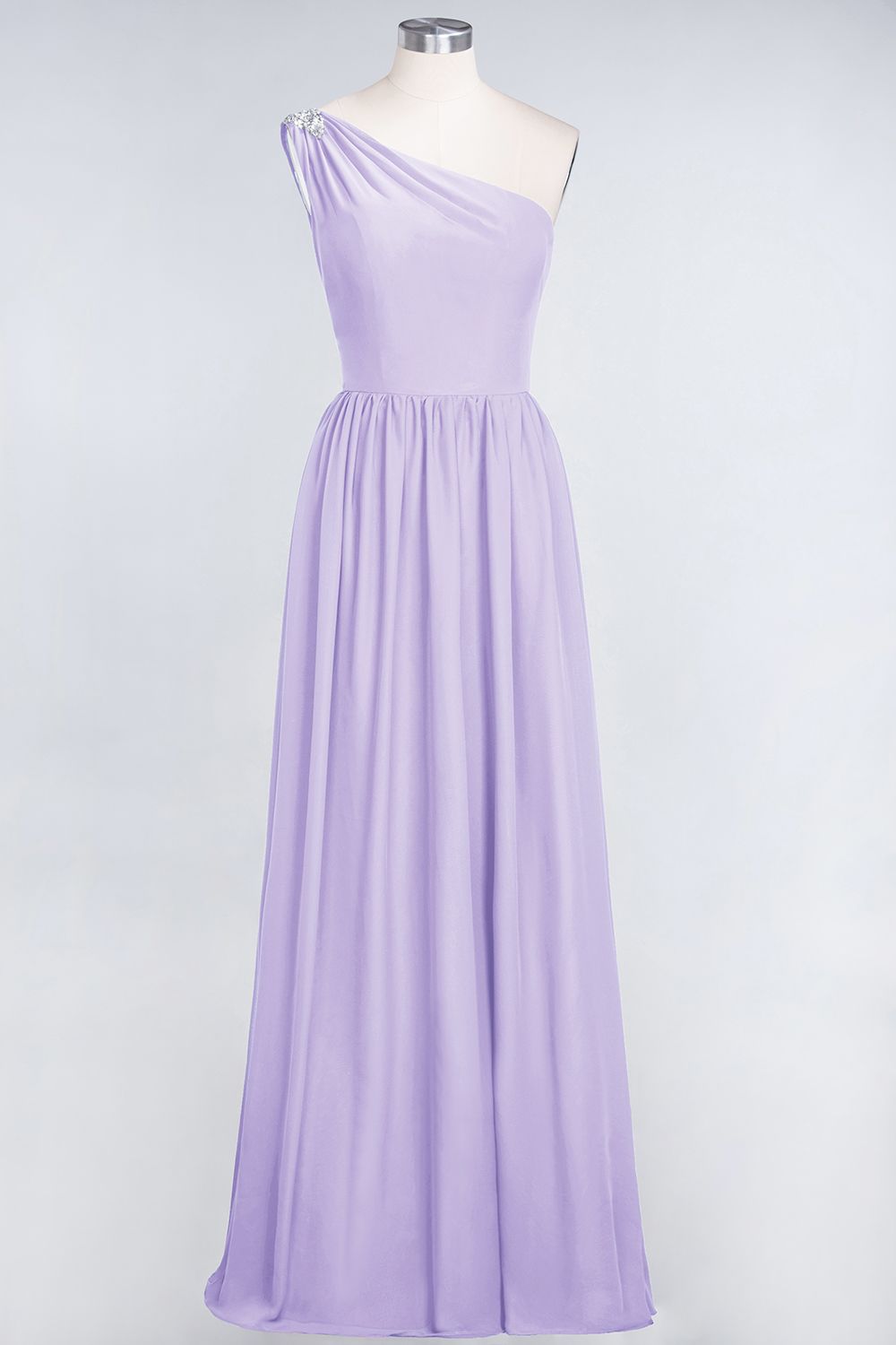 Affordable Chiffon One-Shoulder Ruffle Bridesmaid Dress with Beadings-Babyonlines